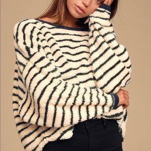 Free People Breton Black and Ivory Striped Sherpa Pullover Sweatshirt